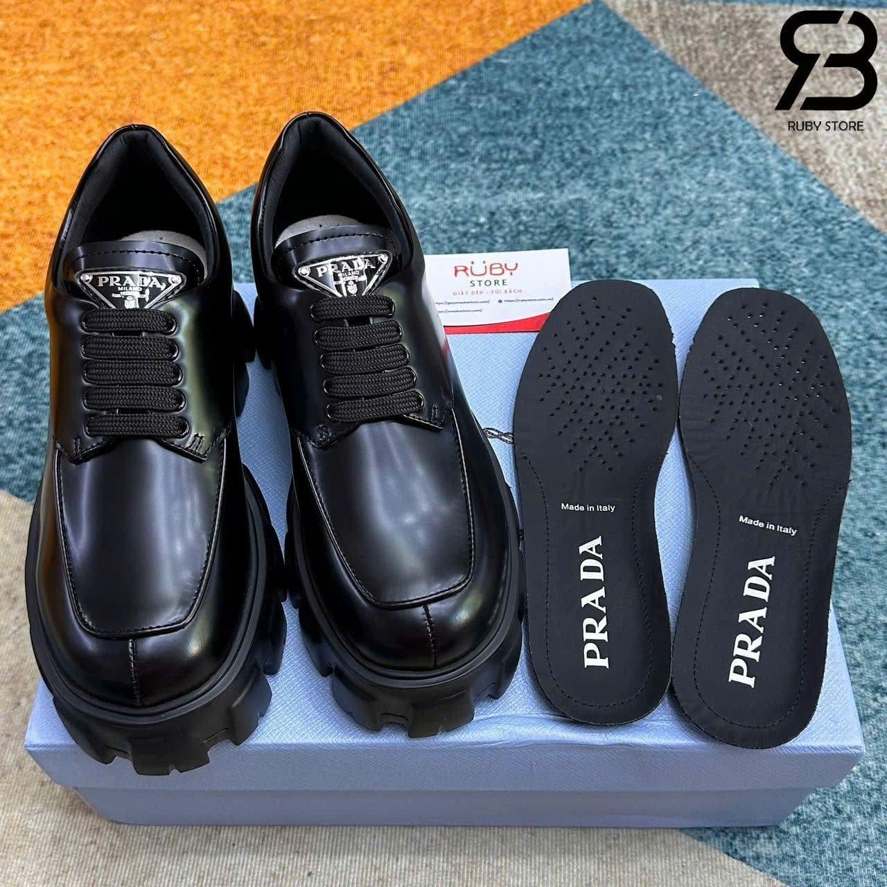 Giày Prada Monolith Brushed Leather Lace Up Loafer màu đen chất lượng cao