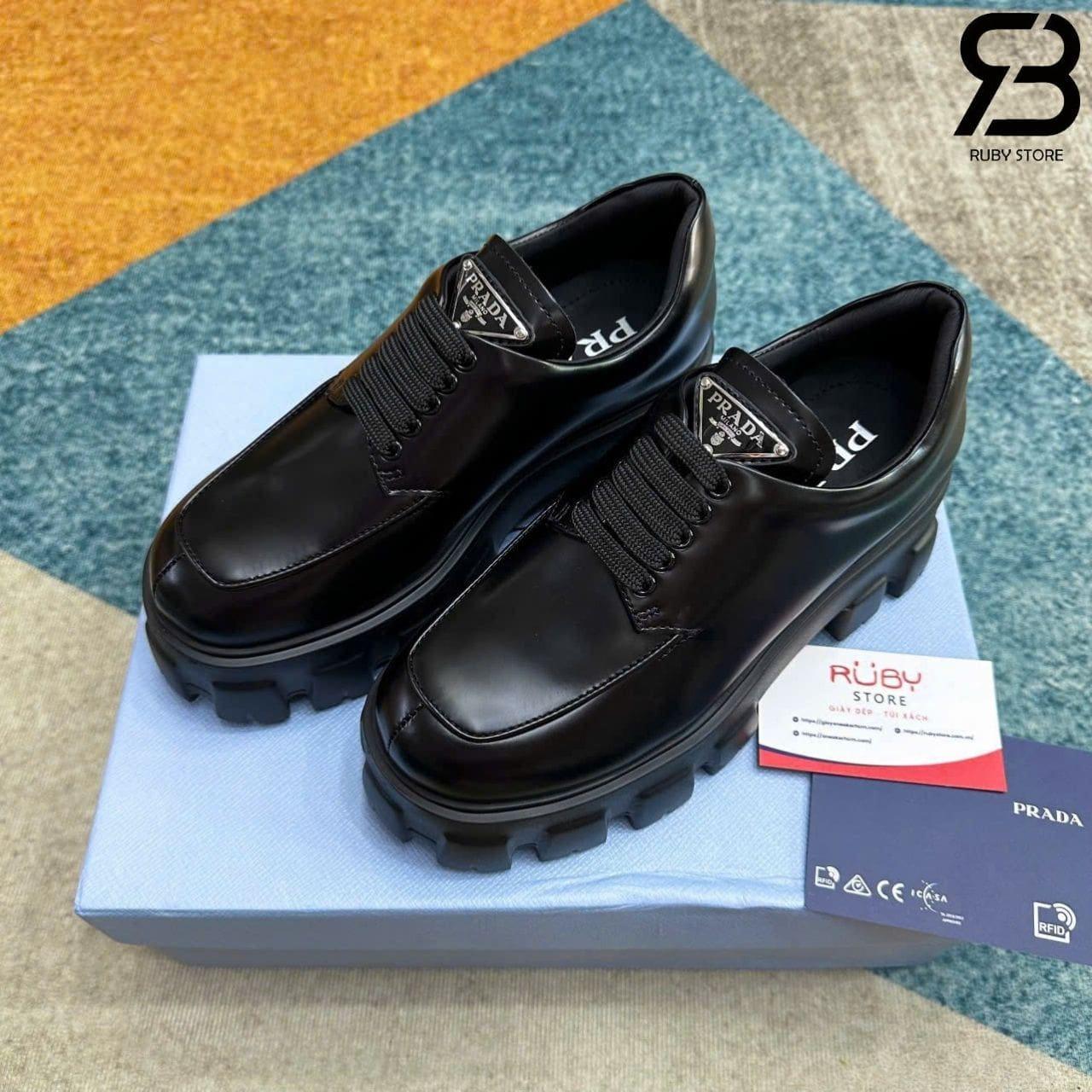 Giày Prada Monolith Brushed Leather Lace Up Loafer Màu Đen chất lượng tốt nhất