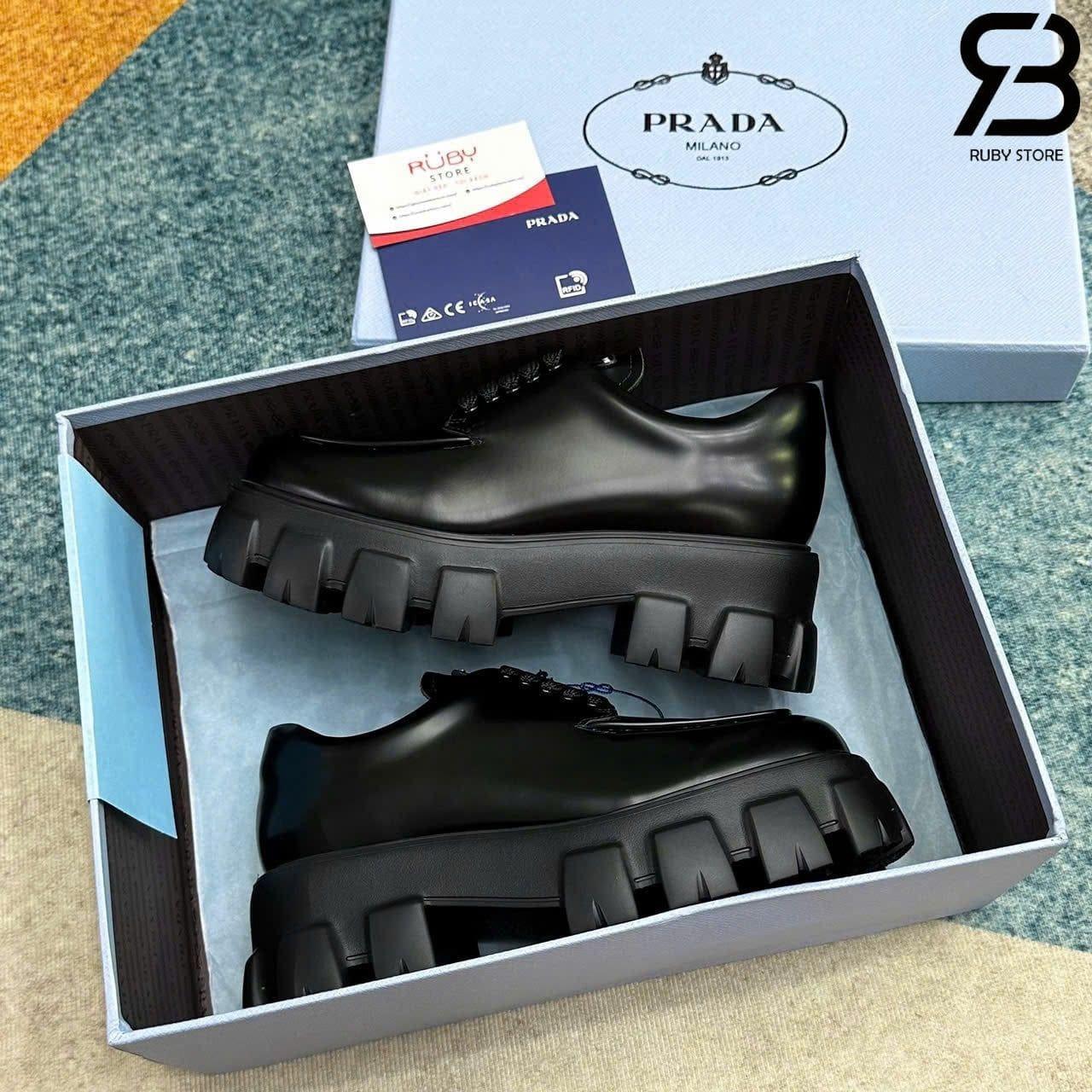 Giày Prada Monolith Brushed Leather Lace Up Loafer Màu Đen Chính Hãng Cao Cấp
