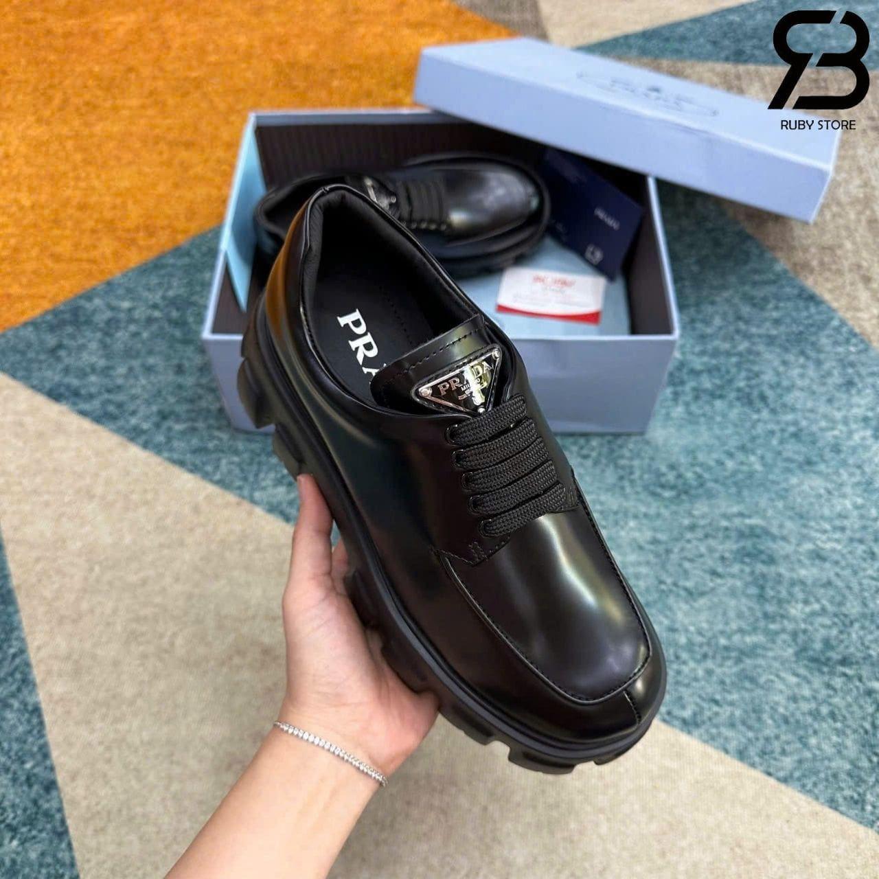 Giày Prada Monolith Brushed Leather Lace Up Loafer Màu Đen chất lượng cao