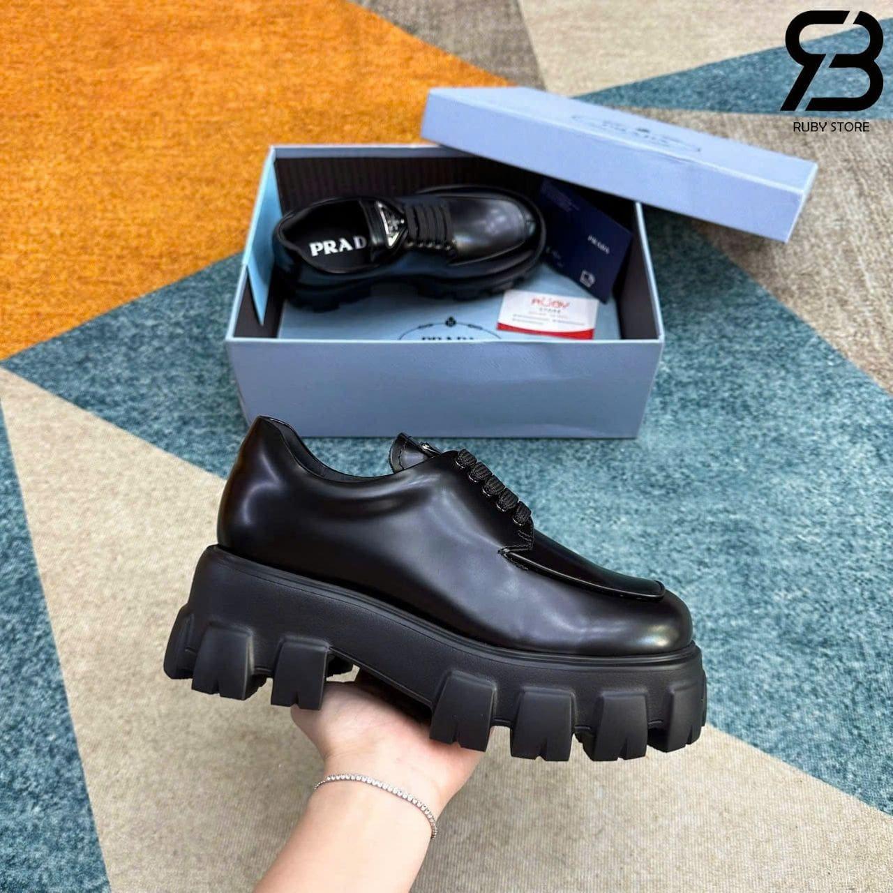 Giày Prada Monolith Brushed Leather Lace Up Loafer Màu Đen chất lượng tốt nhất