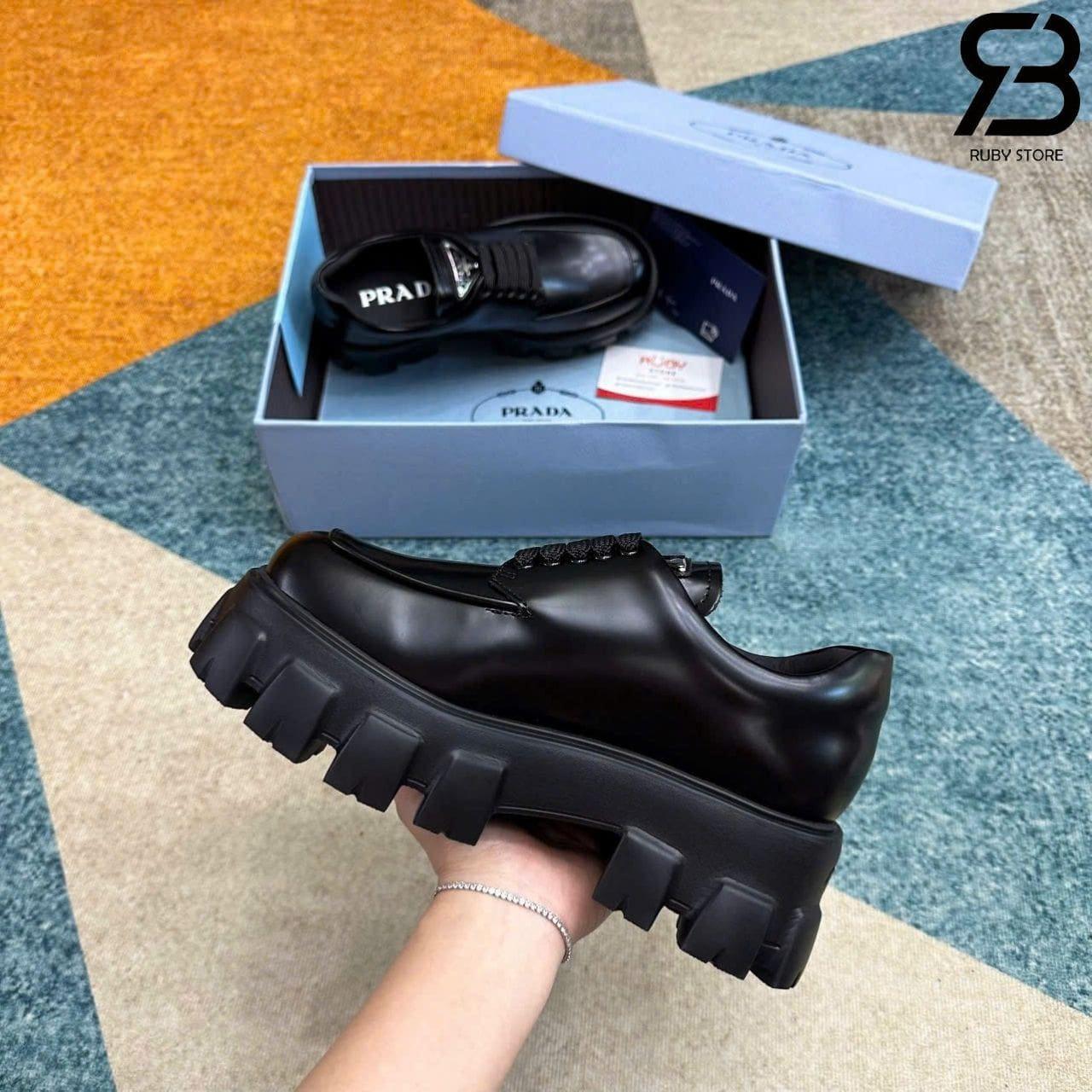 Giày Prada Monolith Brushed Leather Lace Up Loafer Màu Đen Chất lượng cao