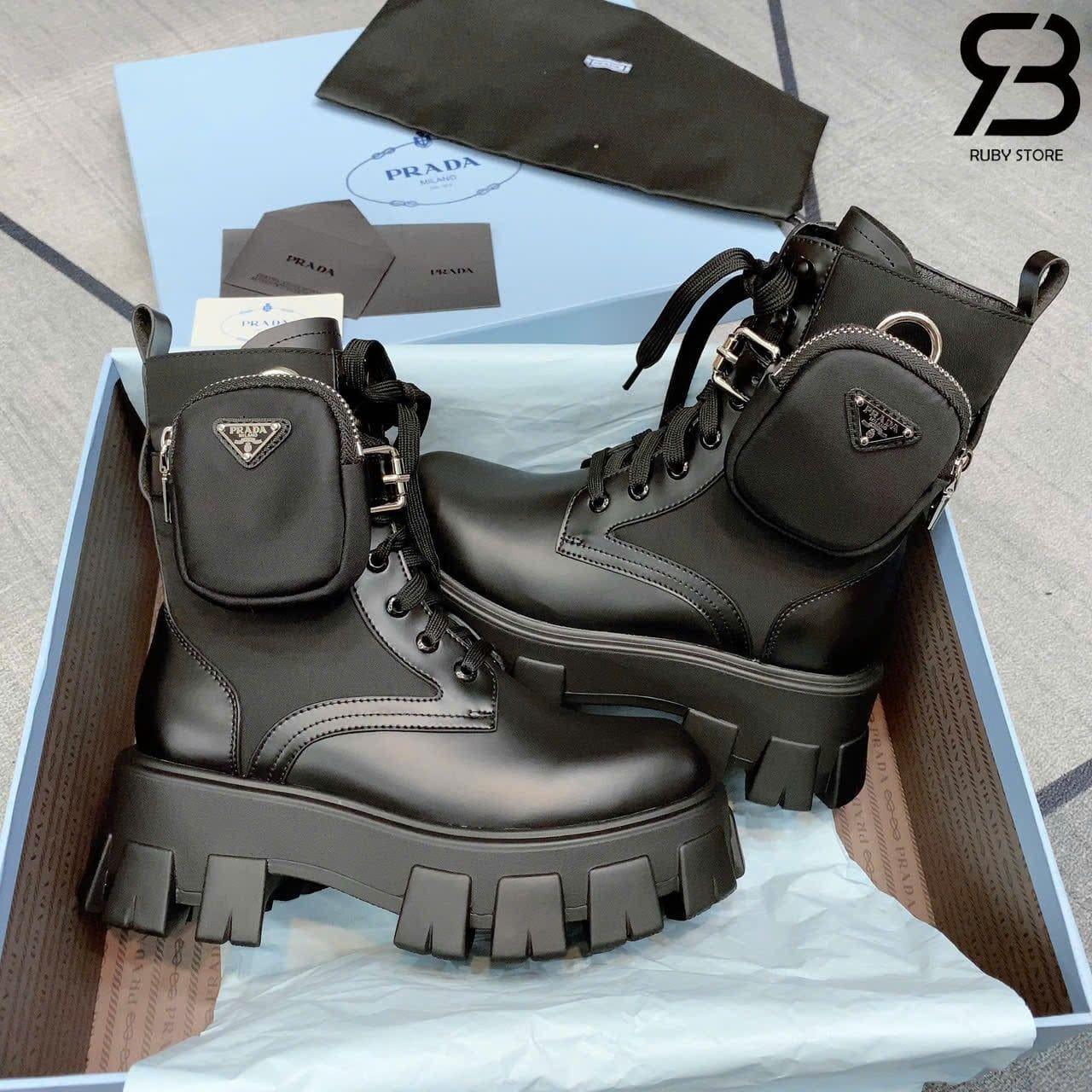 Giày Prada Monolith Brushed Rois Leather And Nylon Boots cao cấp góc nghiêng