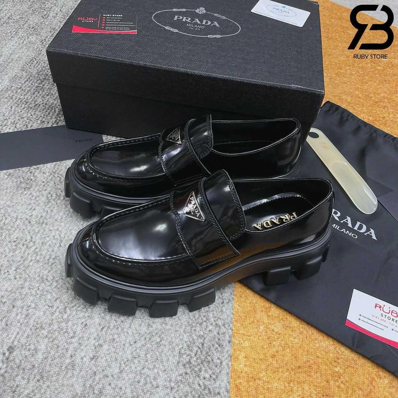 Giày Prada Monolith Loafer (For Men) Màu Đen Best Quality góc nghiêng chi tiết