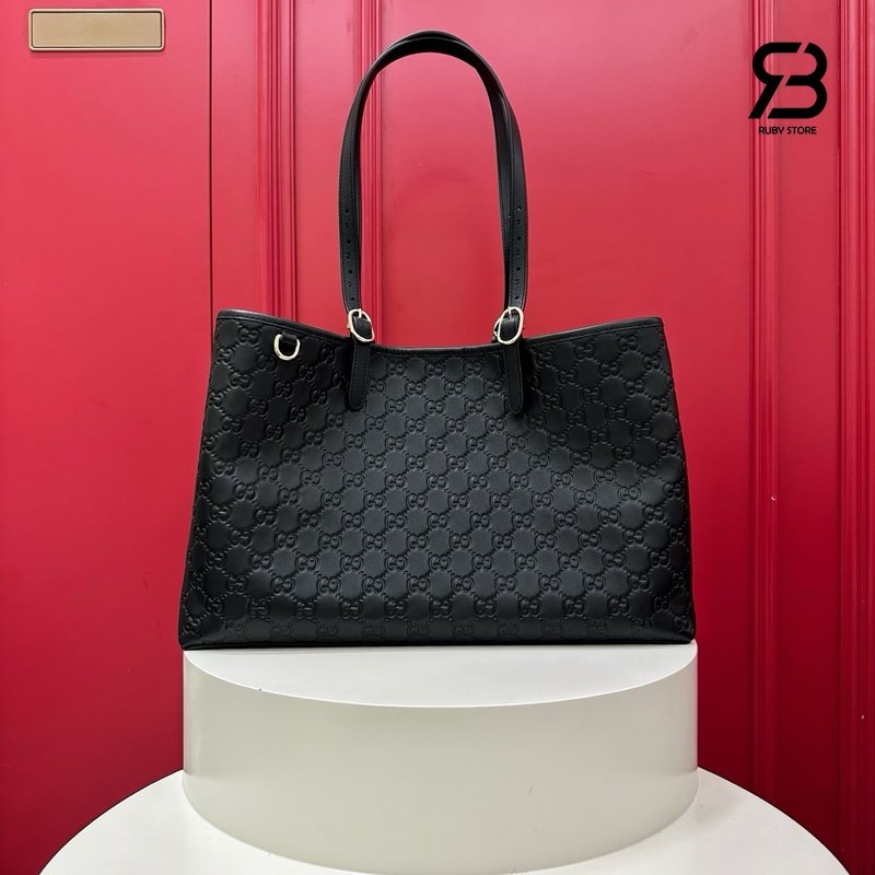 Túi Gucci GG Emblem Large Tote Bag Black GG Leather cao cấp