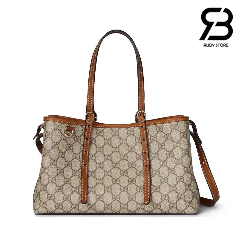Túi Gucci GG Emblem Medium Tote Bag Beige Brown GG Canvas cao cấp