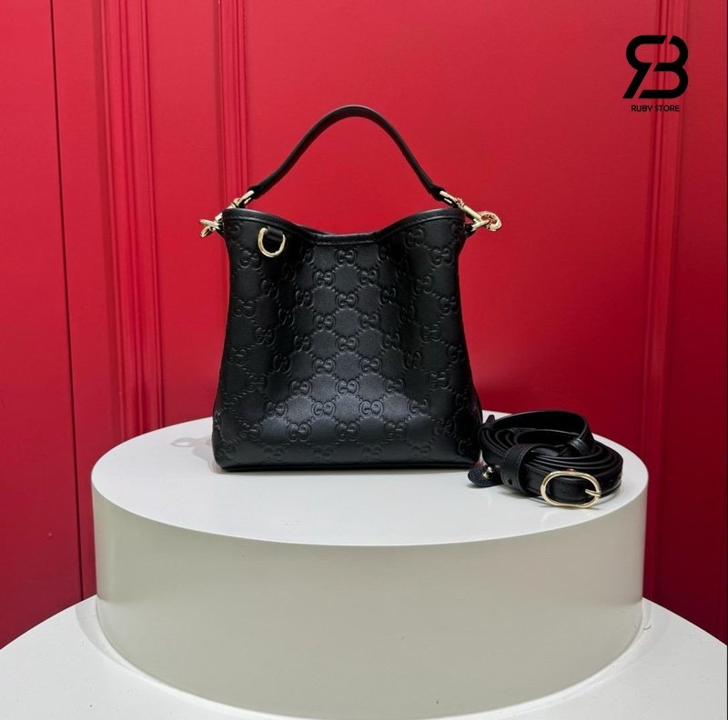 Túi Gucci GG Emblem Small Bucket Bag Black GG Leather chất lượng cao
