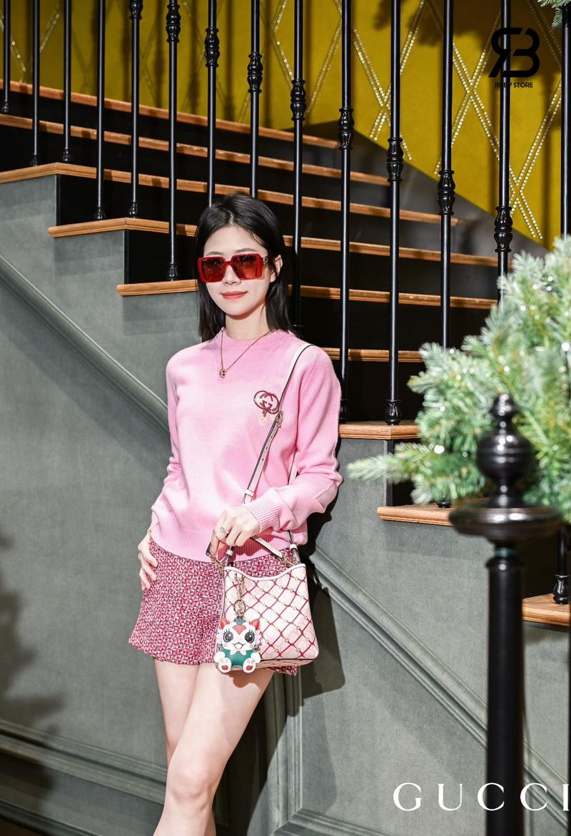 Túi Gucci GG Emblem Small Bucket Bag Pink GG Canvas Best Quality