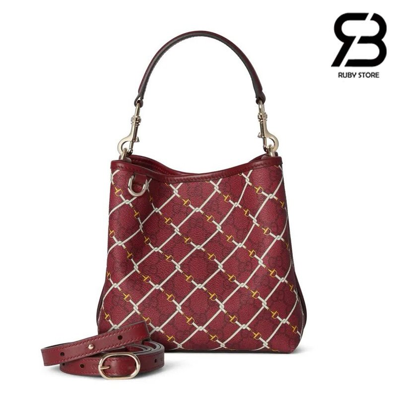 Túi Gucci GG Emblem Small Bucket Bag Red GG Canvas cao cấp