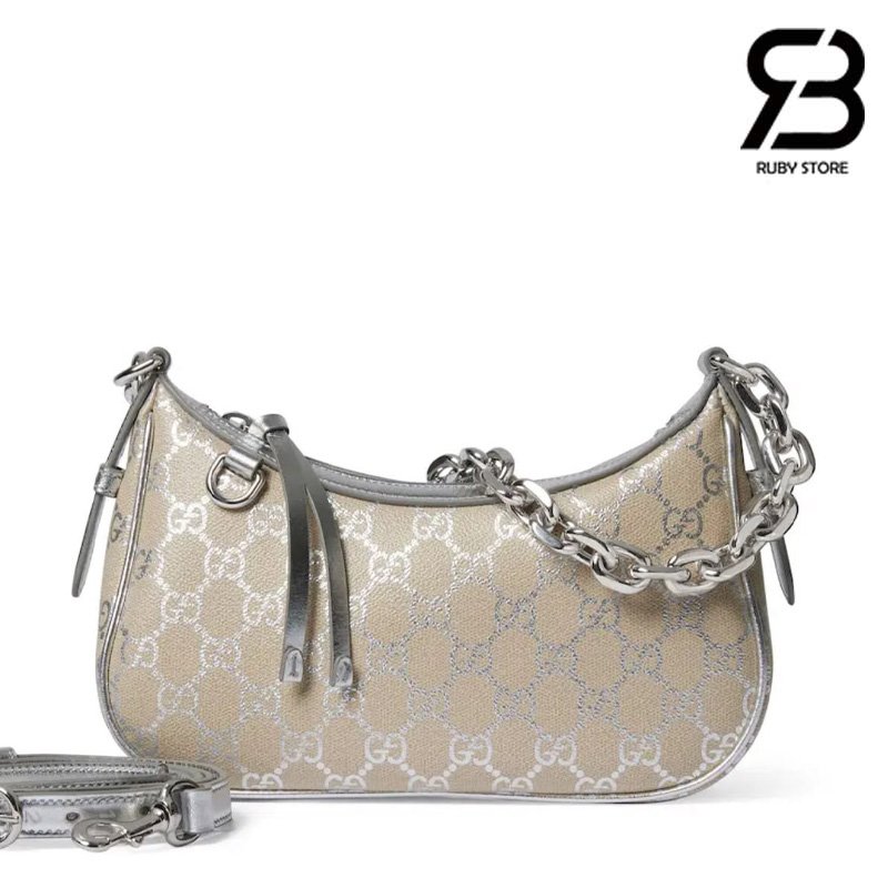 Túi Gucci GG Emblem Small Shoulder Bag Beige Silver GG Canvas chính hãng