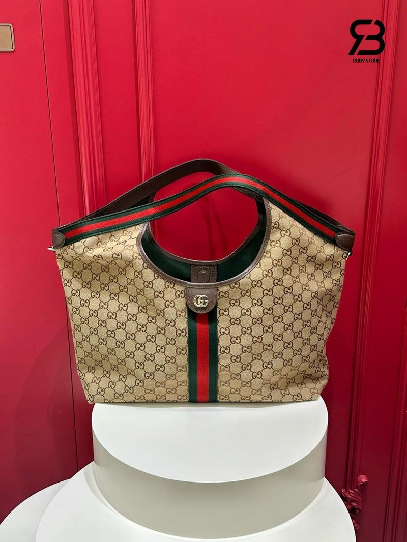 Túi Gucci Giglio Large Tote Bag Beige Brown GG Canvas 853971 góc nghiêng chi tiết