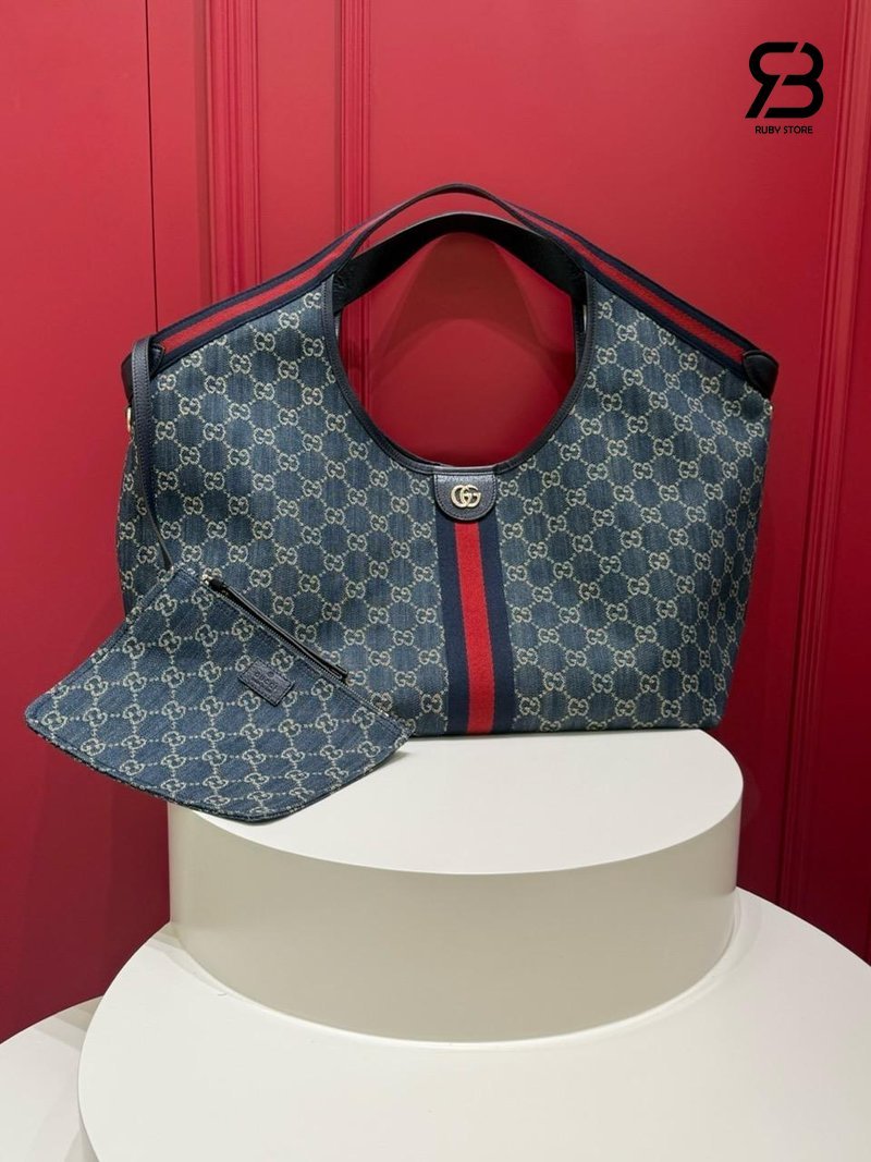 Túi Gucci Giglio Large Tote Bag Blue White GG Denim 853971 chi tiết góc nghiêng