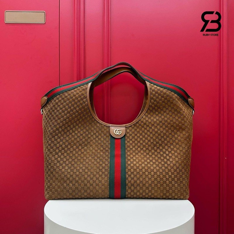 Túi Gucci Giglio Large Tote Bag Brown GG Suede 853971 góc nghiêng chi tiết