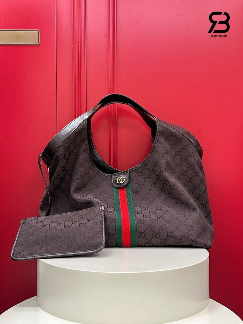 Túi Gucci Giglio Large Tote Bag Dark Brown GG Canvas 853971 góc nghiêng chi tiết
