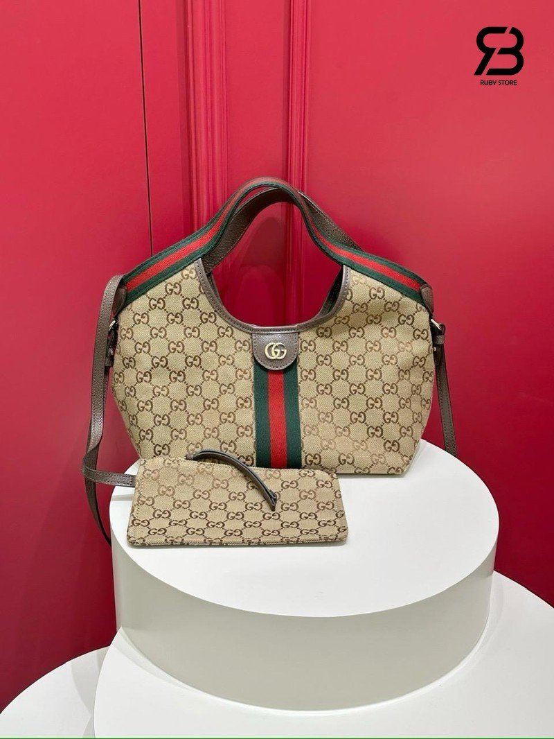 Túi Gucci Giglio Small Tote Bag Beige Brown GG Canvas 860845 góc nghiêng chi tiết