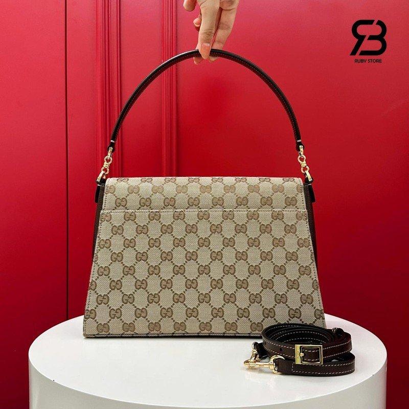 Túi Gucci Horsebit Duomo Medium Top Handle Bag Sand Brown GG Canvas với logo sang trọng