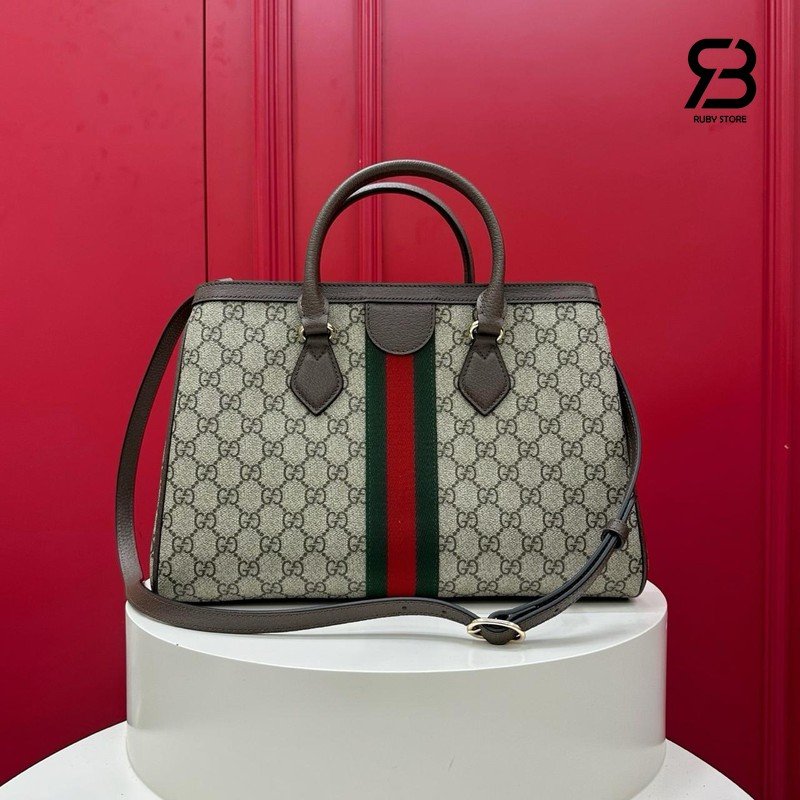 Túi Gucci Ophidia Medium Tote Bag Beige Brown GG Supreme 836839 chi tiết logo khóa