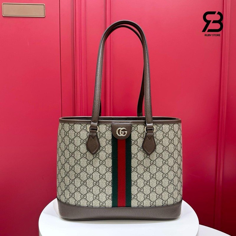 Túi Gucci Ophidial Medium Tote Bag GG Beige Brown 836849 góc nghiêng chi tiết
