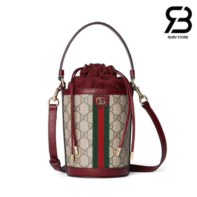 Túi Gucci Ophidial Mini Bucket Bag GG Beige Red 838462 Size 23CM chính hãng sang trọng