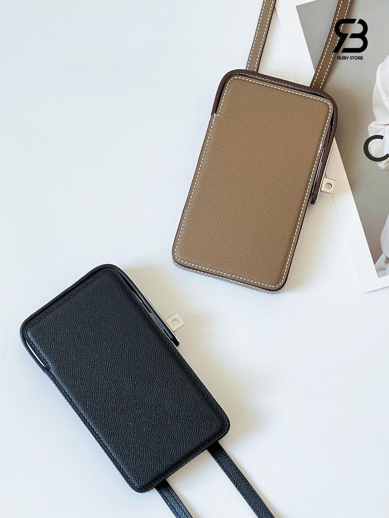 Túi Hermes Hac a Box Phone Case Étoupe Tadelakt Calfskin chi tiết góc nghiêng
