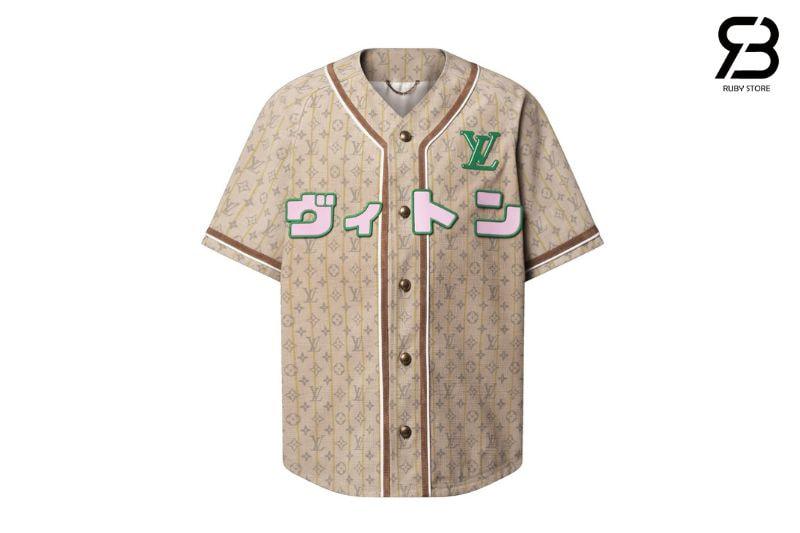 Áo LV Pharell and NIGO AW25 Baseball Shirt Beige Monogram Pink Logo sang trọng