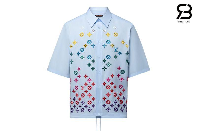Áo Sơ mi LV Monogram Flowers Embroidered Short-Sleeved Shirt Sky Blue thời thượng