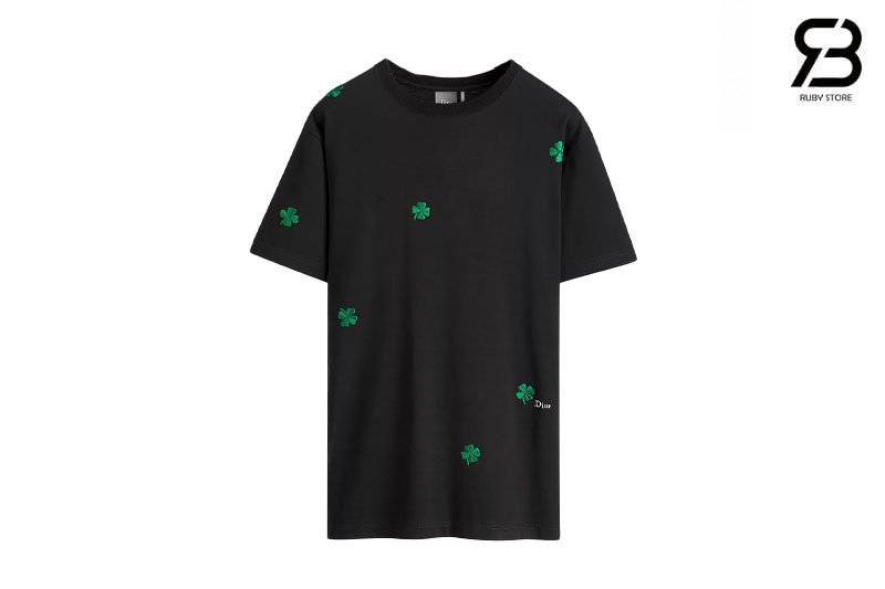 Áo Thun Dior Clover Embroidery Relaxed Fit Black Cotton Jersey Cỏ 3 Lá sang trọng