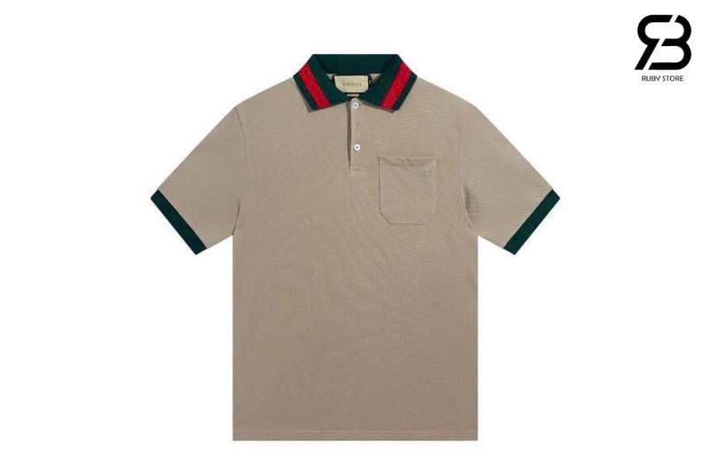 Áo Thun Gucci Cotton Piquet Polo With Web Collar Beige Màu Be sang trọng