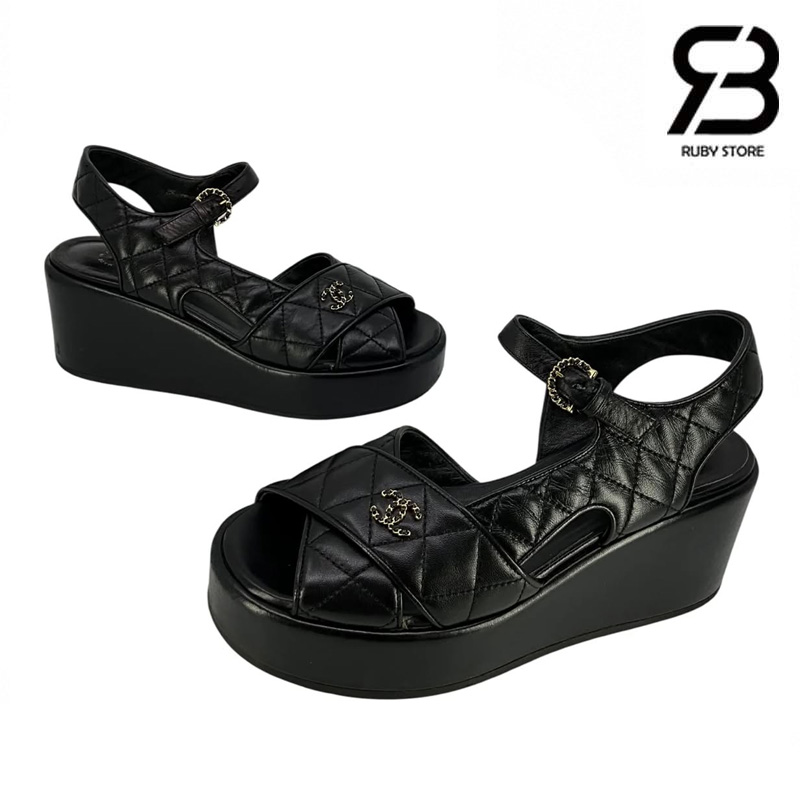 Dép Chanel 23P Quilted Lambskin CC Platform Sandals Black chính hãng tại Pháp