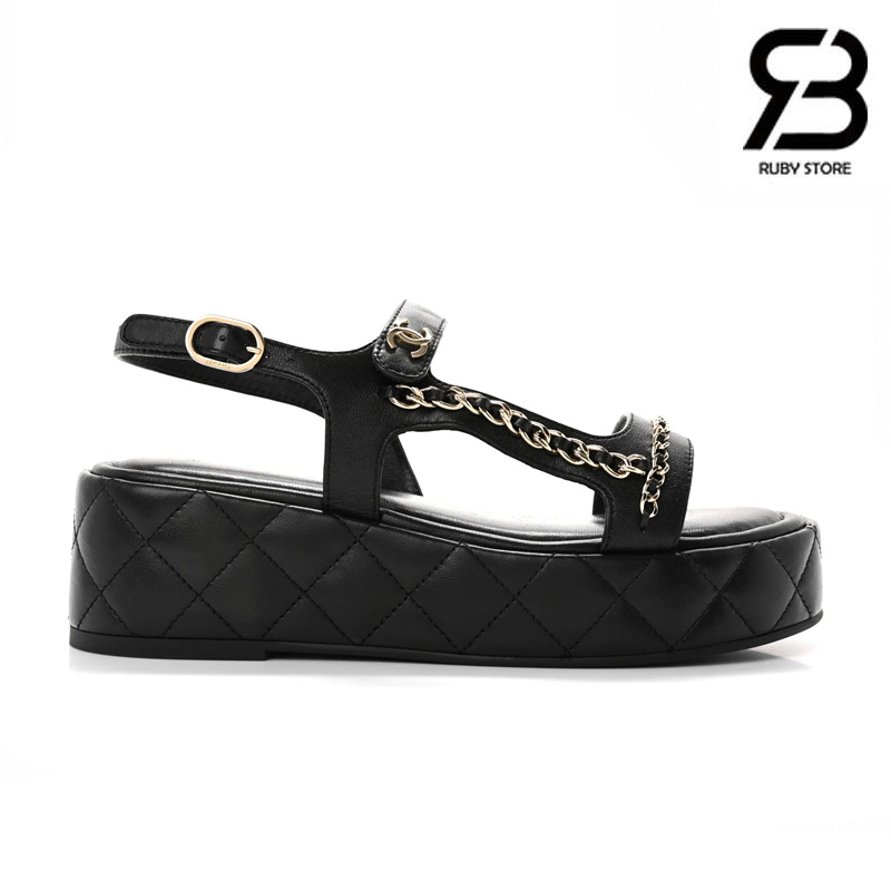 Dép Chanel Quilted Lambskin Chain CC Platform Sandals Black Best Pháp sang trọng