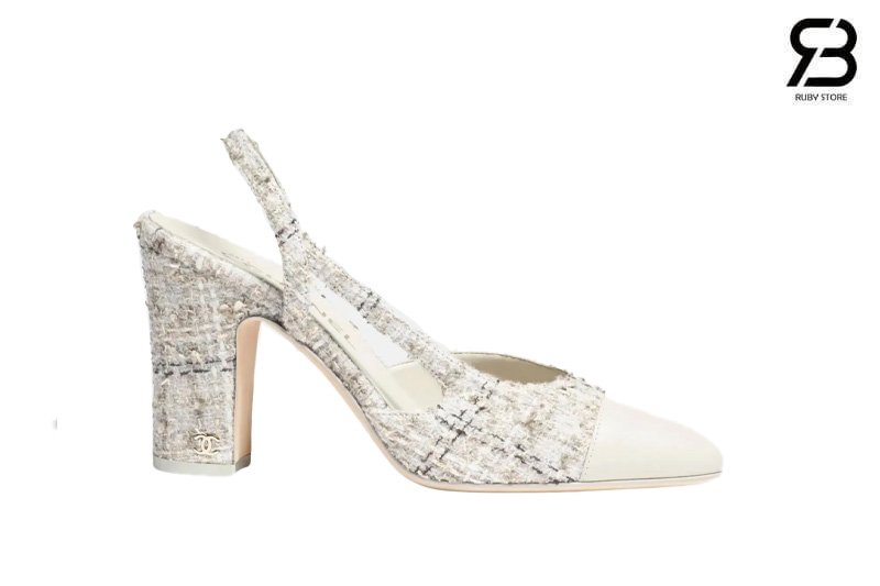 Giày Cao Gót Chanel 25B Slingbacks White Tweed and Leather Best Pháp sang trọng