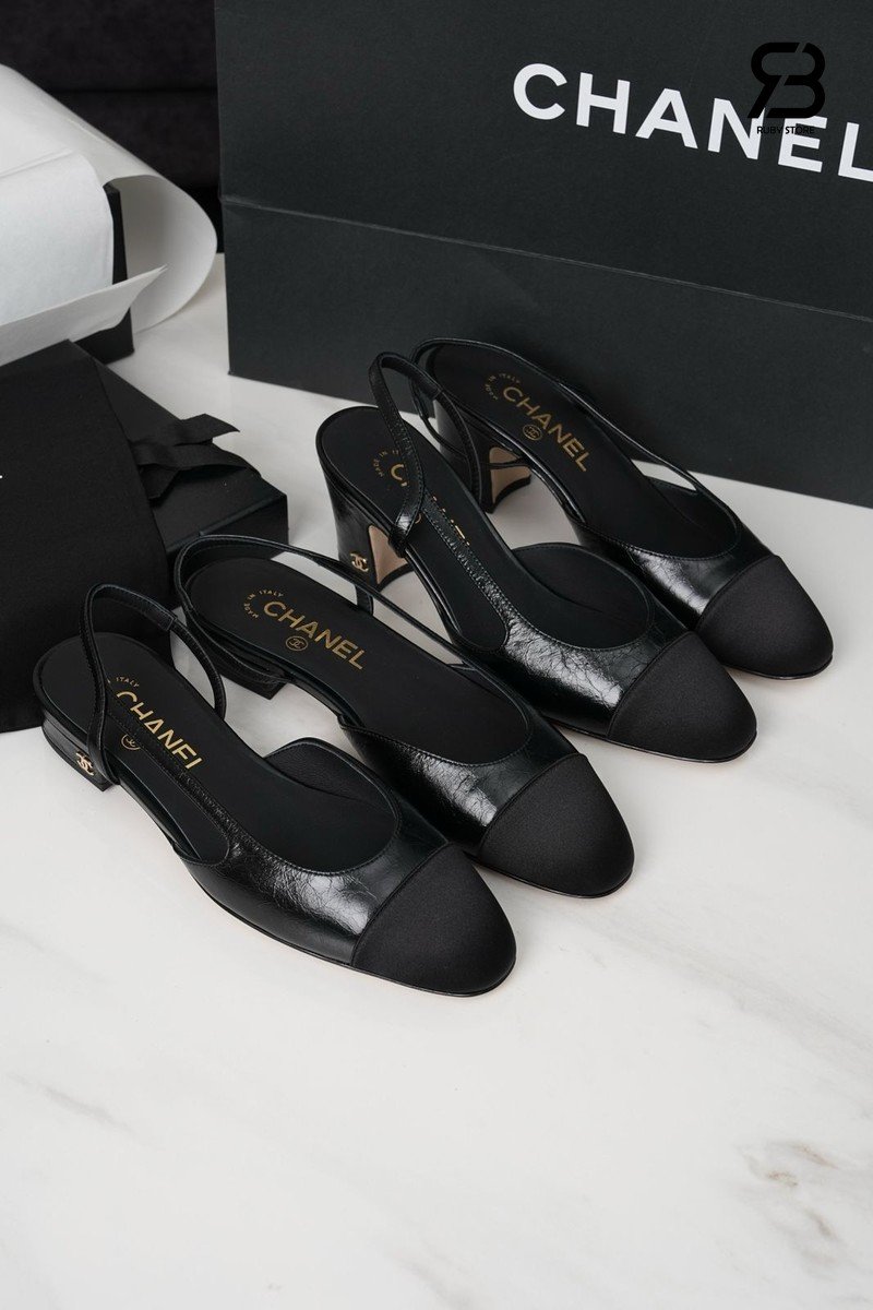 Giày Cao Gót Chanel Slingbacks Black Aged Shiny Leather Best Pháp góc nghiêng chi tiết