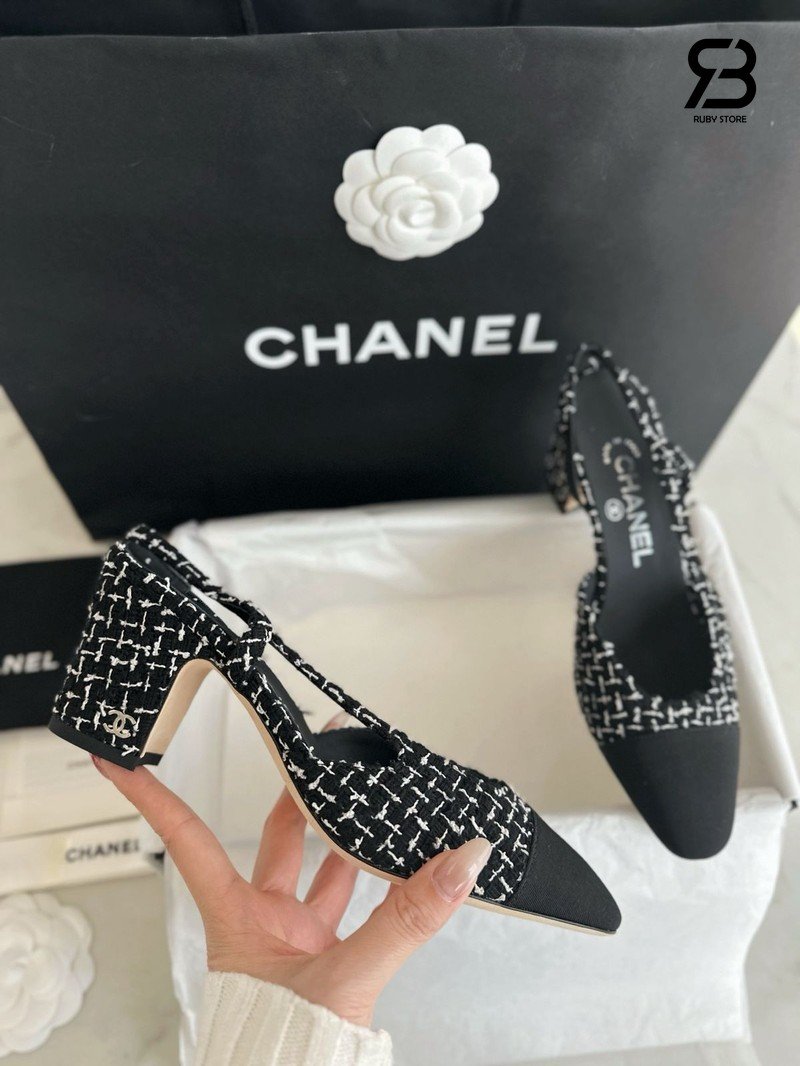 Giày Cao Gót Chanel Slingbacks Black Tweed Best Pháp góc nghiêng chi tiết