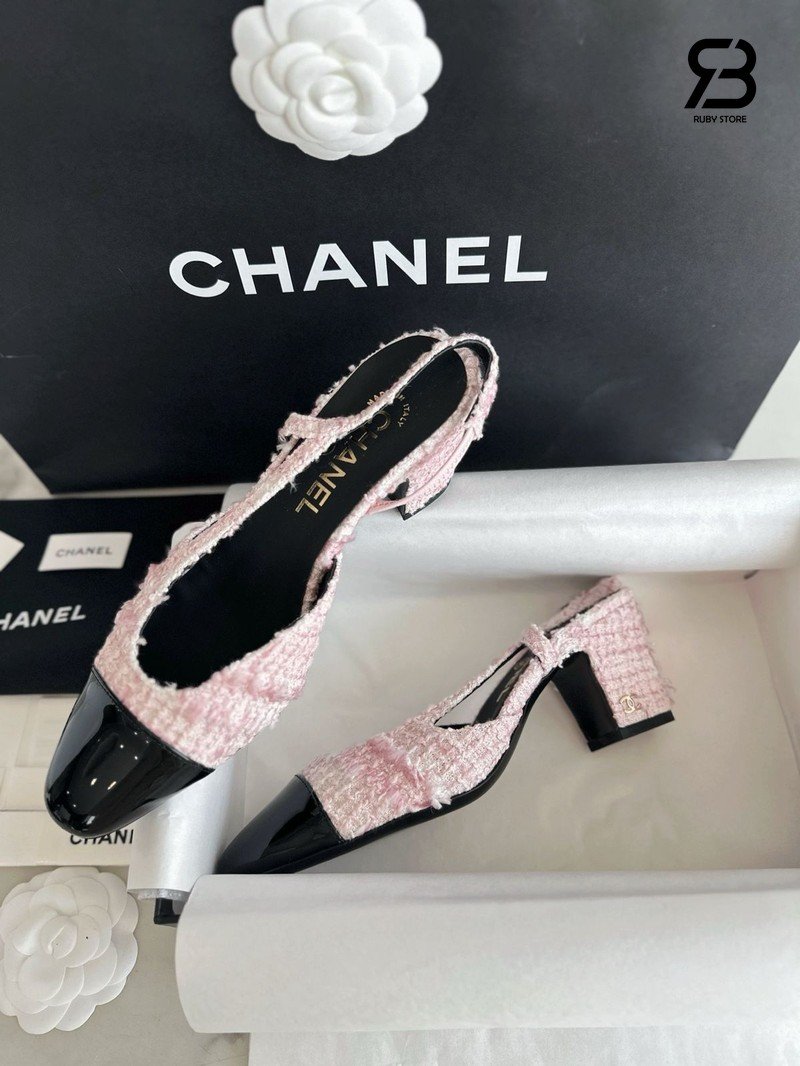 Giày Cao Gót Chanel Slingbacks Pink Tweed Best Pháp góc nghiêng chi tiết