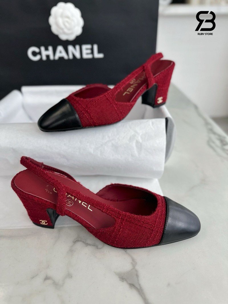 Giày Cao Gót Chanel Slingbacks Red Tweed Best Pháp góc nghiêng chi tiết