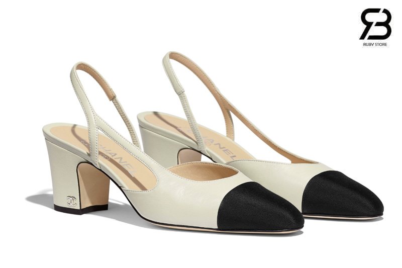 Giày cao gót Chanel Slingbacks trắng da cừu đen grosgrain