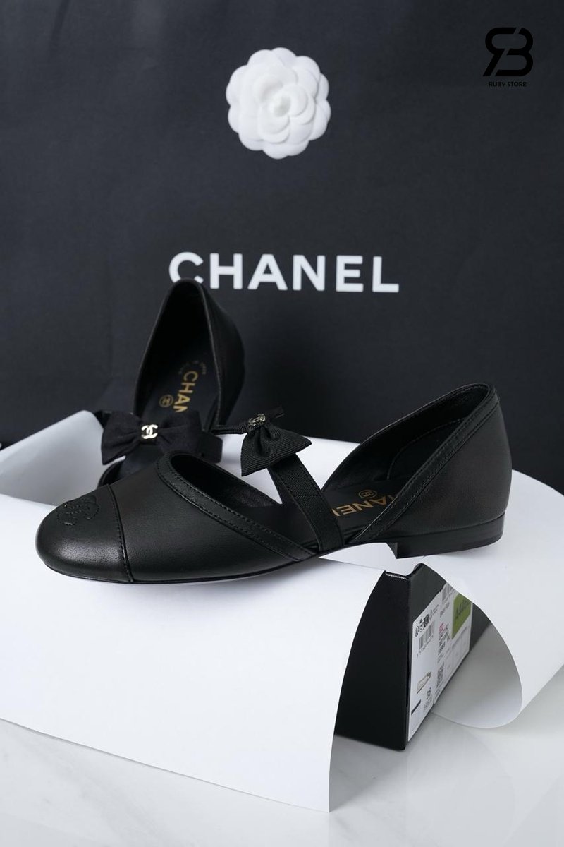 Giày Chanel 25B Bow Mary Jane Flats Black Lambskin chi tiết 4