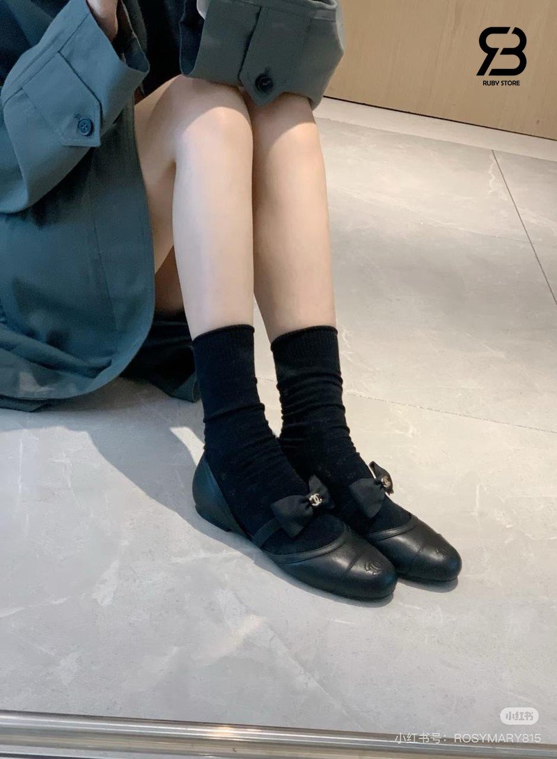 Giày Chanel 25B Bow Mary Jane Flats Black Lambskin sang trọng