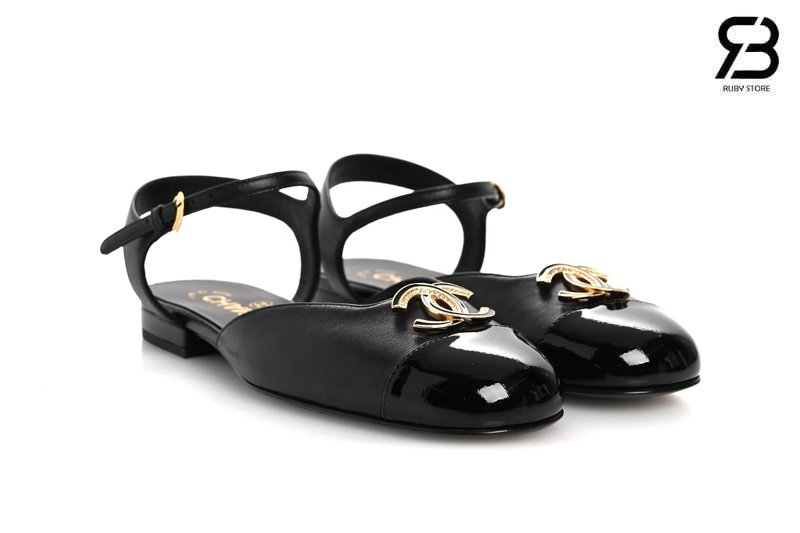 Giày Chanel 25P CC Cap Toe Mary Jane Flats Slingback Black Lambskin cao cấp