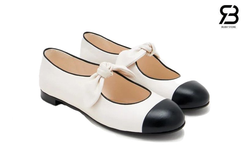 Giày Chanel Cap Toe Mary Jane Flats Bow White Black Lambskin cao cấp