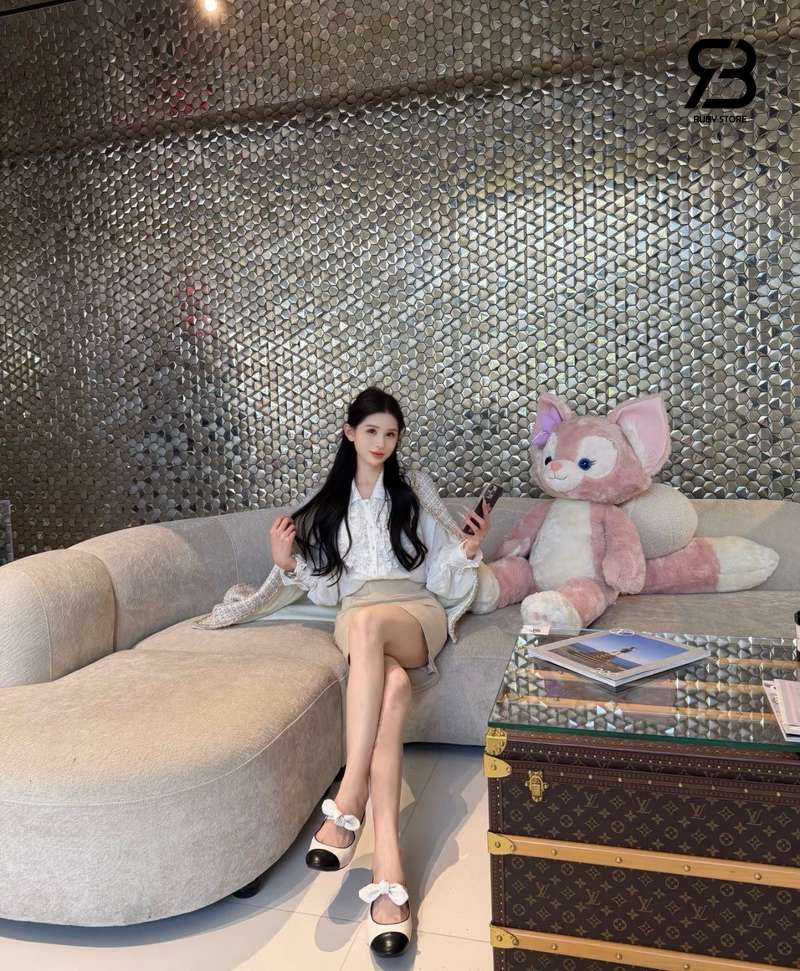 Giày Chanel Cap Toe Mary Jane Flats Bow White Black Lambskin chất lượng cao