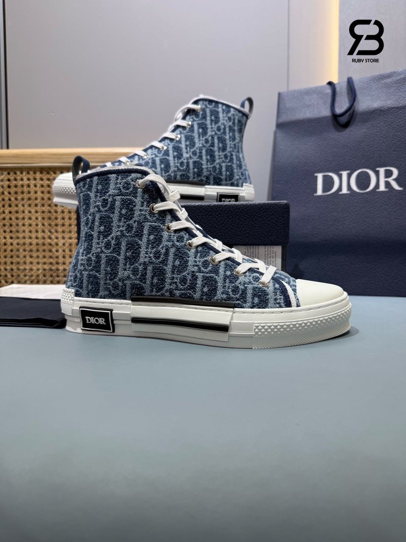Giày Dior B23 High-Top Dioriviera Blue and White Spongy Dior Oblique Denim chi tiết góc nghiêng