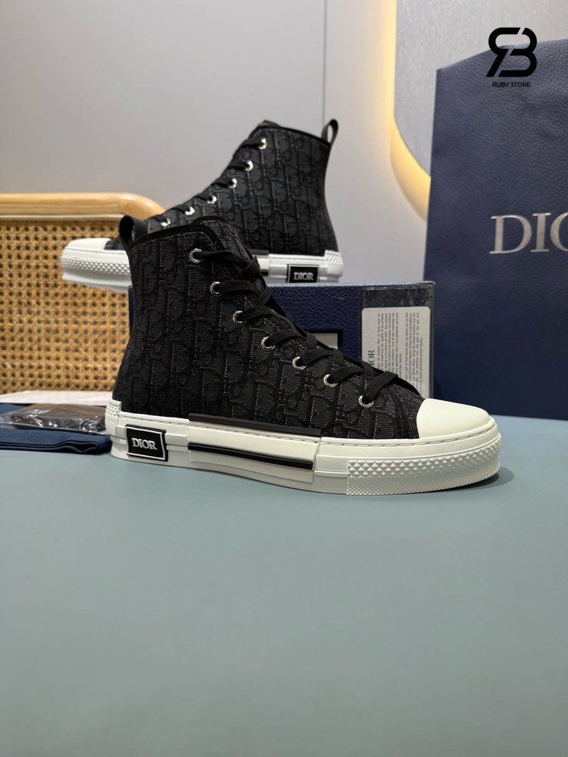 Giày Dior B23 League High-Top Silver-Tone Metallic Black Dior Oblique Jacquard chi tiết góc nghiêng