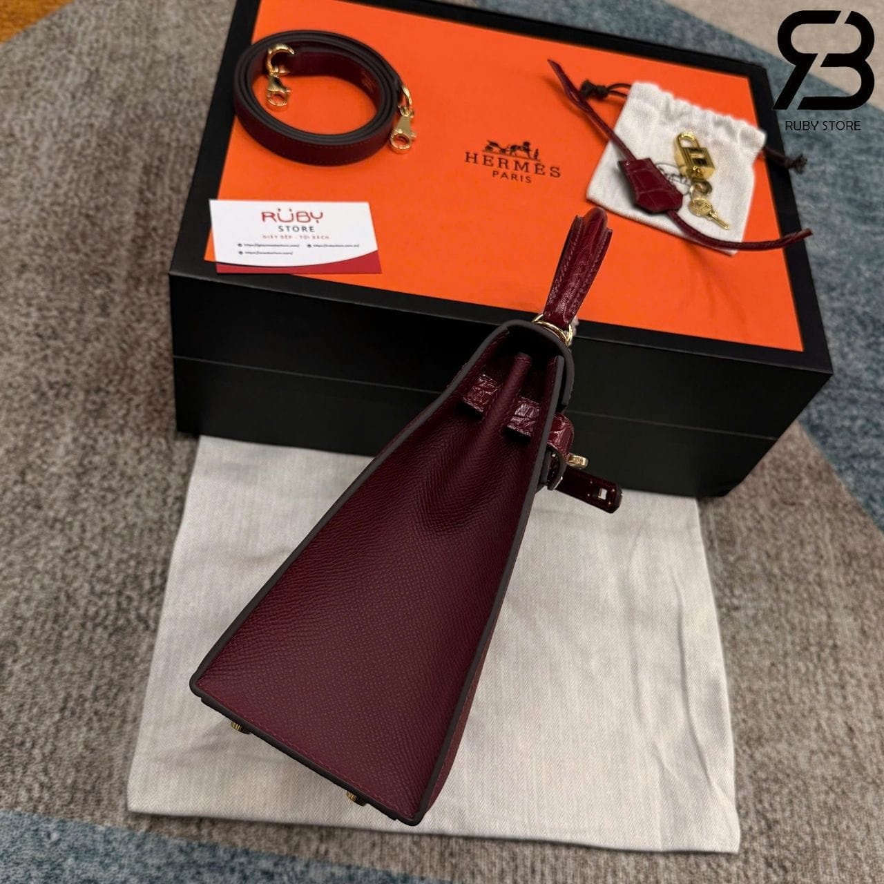 Túi Hermes Kelly 25 Touch Shiny Crocodile In Rouge H với phần cứng vàng