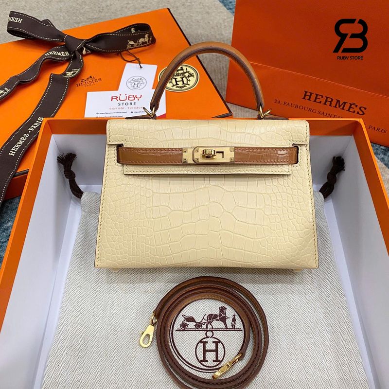Túi Hermes Kelly Mini II 20 Bicolor Vanilla Gold Matte Alligator GHW màu kem
