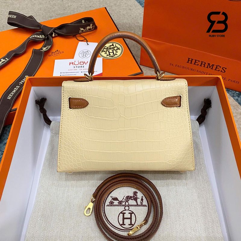 Túi Hermes Kelly Mini II 20 Bicolor Vanilla Gold Matte Alligator GHW Màu Kem Best Pháp