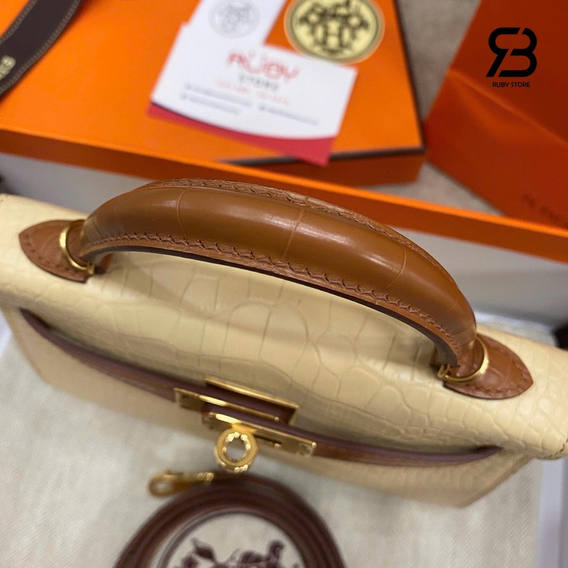 Túi Hermes Kelly Mini II 20 Bicolor Vanilla Gold Matte Alligator GHW màu kem sang trọng