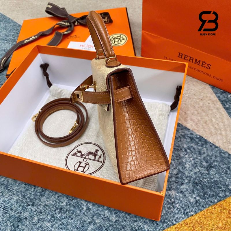 Túi Hermes Kelly Mini II 20 Bicolor Vanilla Gold Matte Alligator GHW Màu Kem Best Pháp