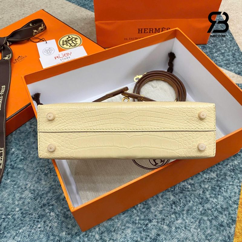 Túi Hermes Kelly Mini II 20 Bicolor Vanilla Gold Matte Alligator GHW Màu Kem Best Pháp, chi tiết 6