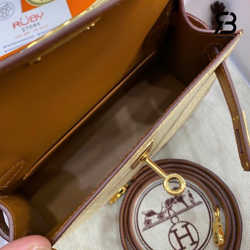 Túi Hermes Kelly Mini II 20 Bicolor Vanilla Gold Matte Alligator GHW màu kem sang trọng